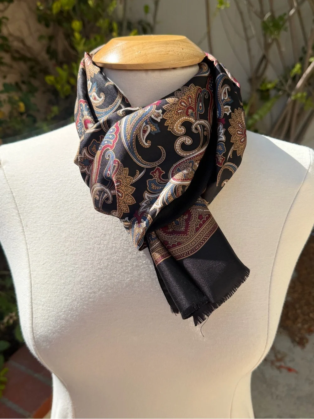 Black Paisley Silk-Feel Scarf with Gold & Red Accents